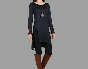 pornhint Pornhint Black cotton dress, long sleeves tunic dress, crew neck asymmetric T-shirt, Tunic Top for leggings, patchwork dress(Y1099)