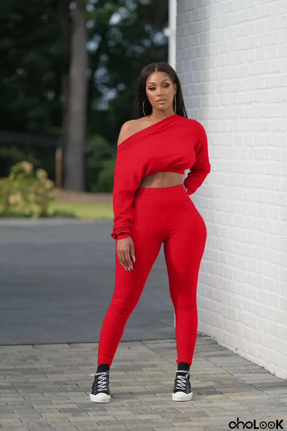 Solid Oblique Collar Long Sleeve 2 Piece Sets