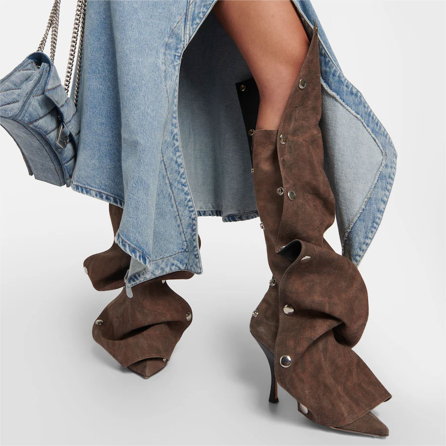 GOOSHOE Brown Dark Washed Pointed Toe Snap Button Denim Boots