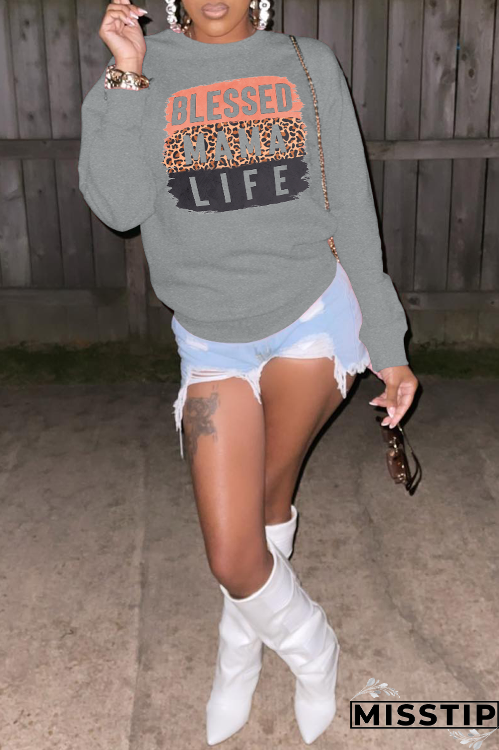 Grey Street Print Patchwork Letter O Neck Tops