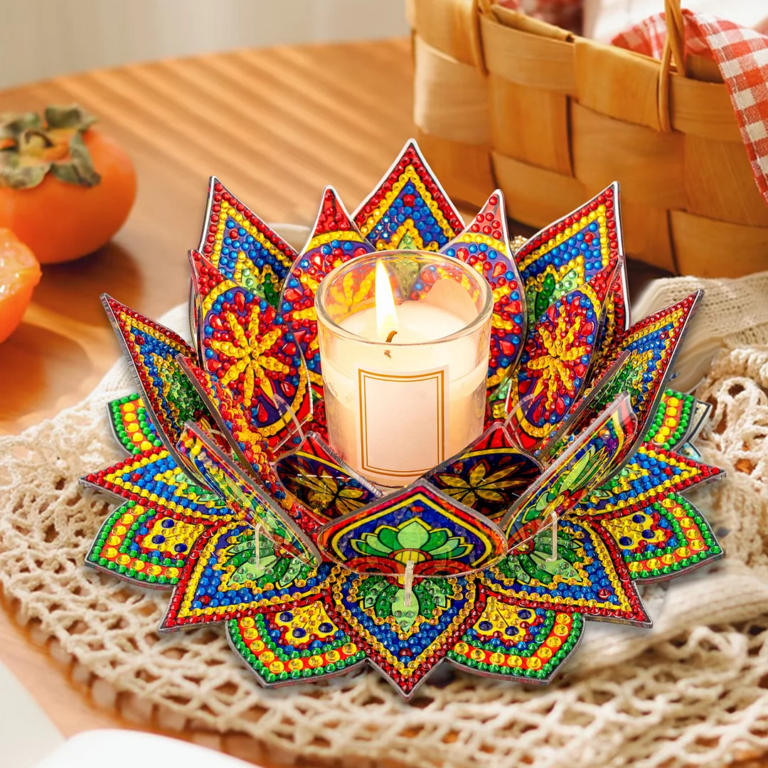 5D DIY Diamond Art Painting DIY Acrylic Desktop Ornament Flower Candle Holders Tealight Handmade Home Office Decor for Adults Beginners ( Yellow and Green Lotus-A)