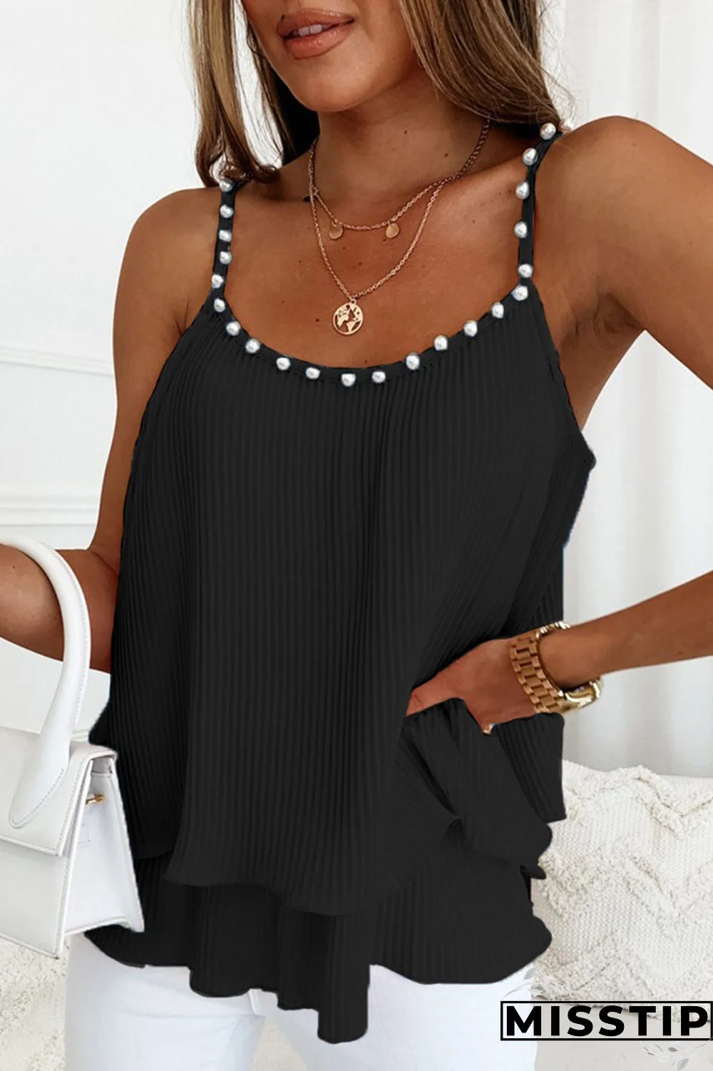 Black Sexy Vacation Solid Pearl Fold U Neck Tops