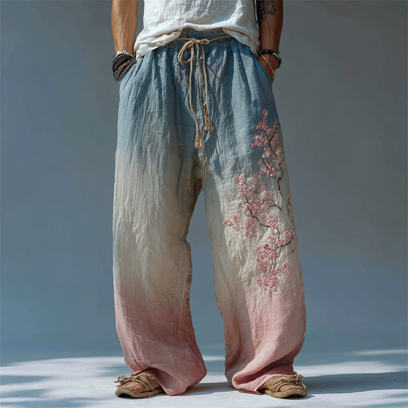 Men's Vintage Japanese Cherry Blossom Gradient Linen Pants  artssus