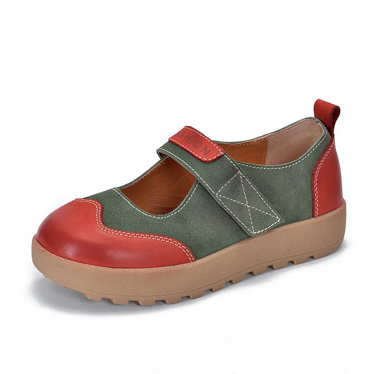 Literary Leather Colorblocking Velcro Shoes