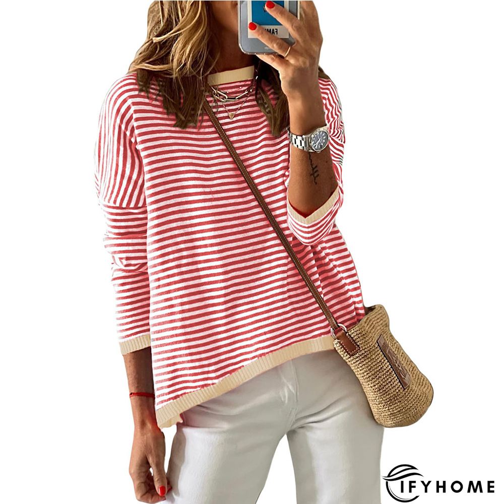 Casual Striped Long Sleeve Round Neck Tunic Sweater Knit Jumper | IFYHOME