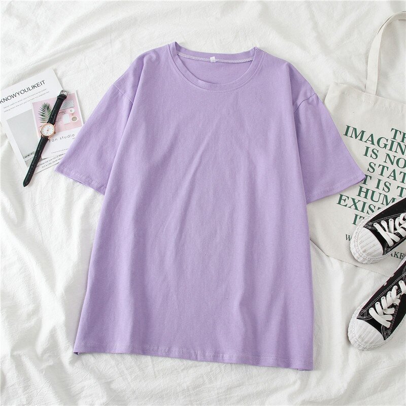 Woherb women's T-Shirt's Solid color Basic Casual O-neck T Shirt Women Harajuku Summer new loose black Top Korean Hipster White T-shirt