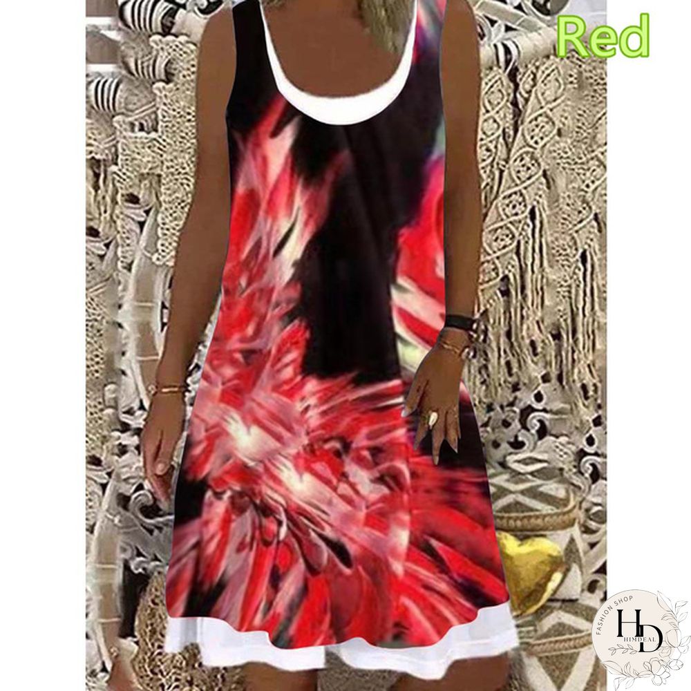 Womens dress summer new fashion flame fake two-piece printed casual sleeveless Round-neck