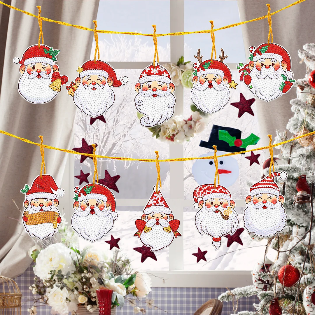10pcs Christmas Diamond Painting Ornament Santa Calus(Single-sided Shaped Diamond)