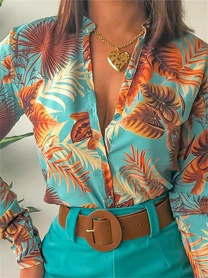 Light Mature Digital Printed Stand Collar Single Row Multi-button Long Sleeve Shirt for Women Top | 168DEAL