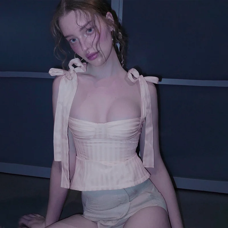 Toloer Toloer Women's Pure Desire Wind Stripe Slim Low Breast Sling Summer Hot Style Ins Trend Wear Sexy Vest Woman-Outfit Ideas