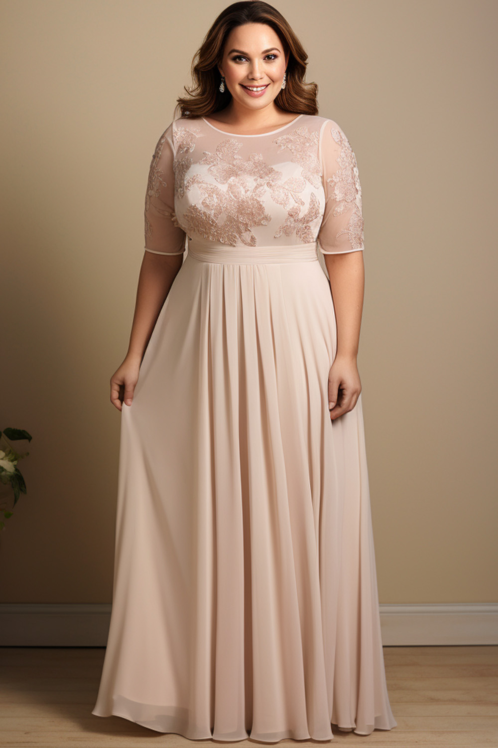 Flycurvy Plus Size Mother Of The Bride Light Pink Chiffon Lace Empire Waist Maxi Dress