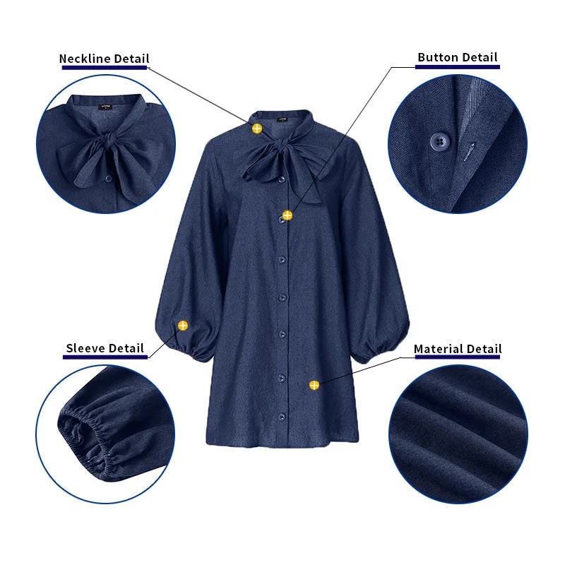 Women Denim Shirt Dress 2022 VONDA Autumn Button Down Party Mini Dresses Femme Loose Long Sleeve Lace-up Short Party Vestidos