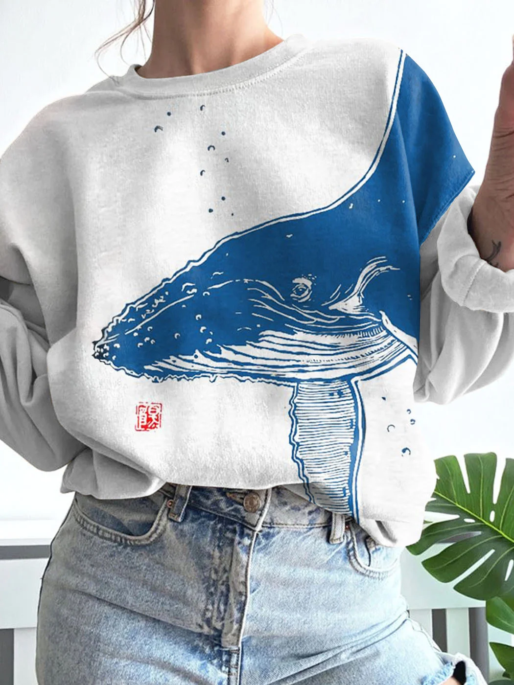 Whale Japanese Lino Art Graphic Crew Neck Comfy Sweatshirt / DarkAcademias /Darkacademias