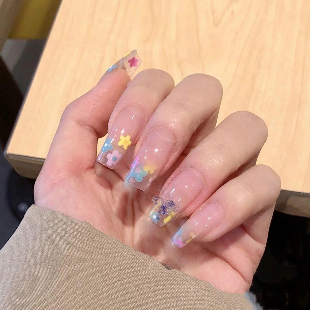 24Pcs Long Ballerina False Nail Love Pattern French Coffin Fake Nails Full Cover Wearable DIY Manicure Tools Press On Nails 1029-Nail Inspo