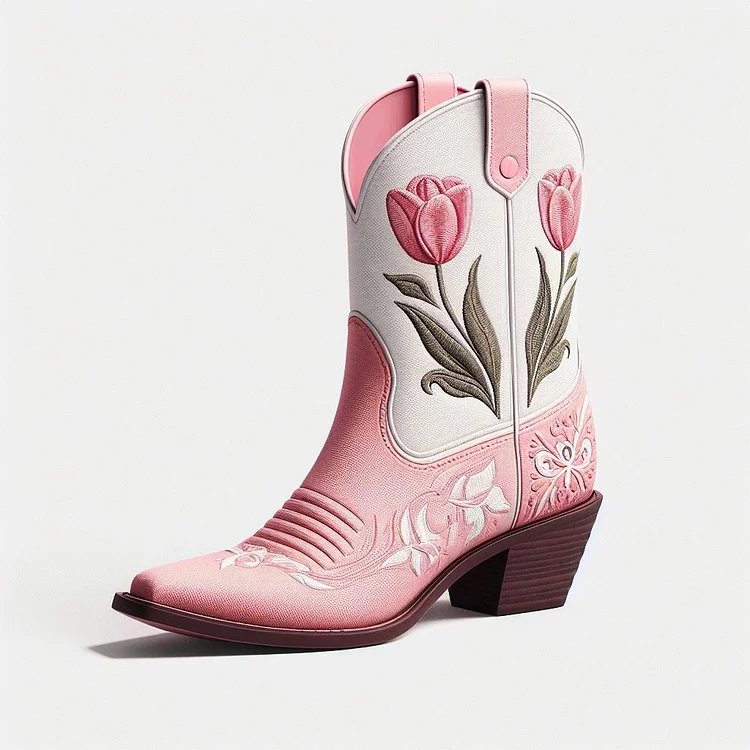 Pink & White Tulips Embroidery Chunky Heel Short Boots for Women |FSJ Shoes