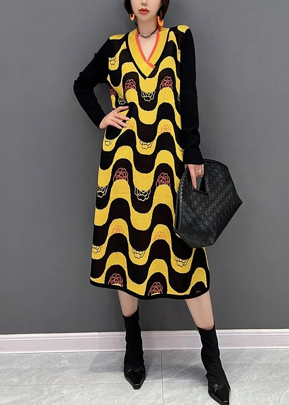 Plus Size Yellow V Neck Striped Patchwork Knit Dress Fall