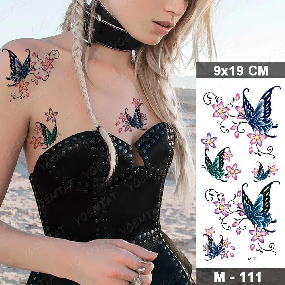 Temporary Tattoos Sticker For Women Body Art Tattoo Sticker 3d Butterfly Rose Flower Feather Tattoo Waterproof Halloween Gift