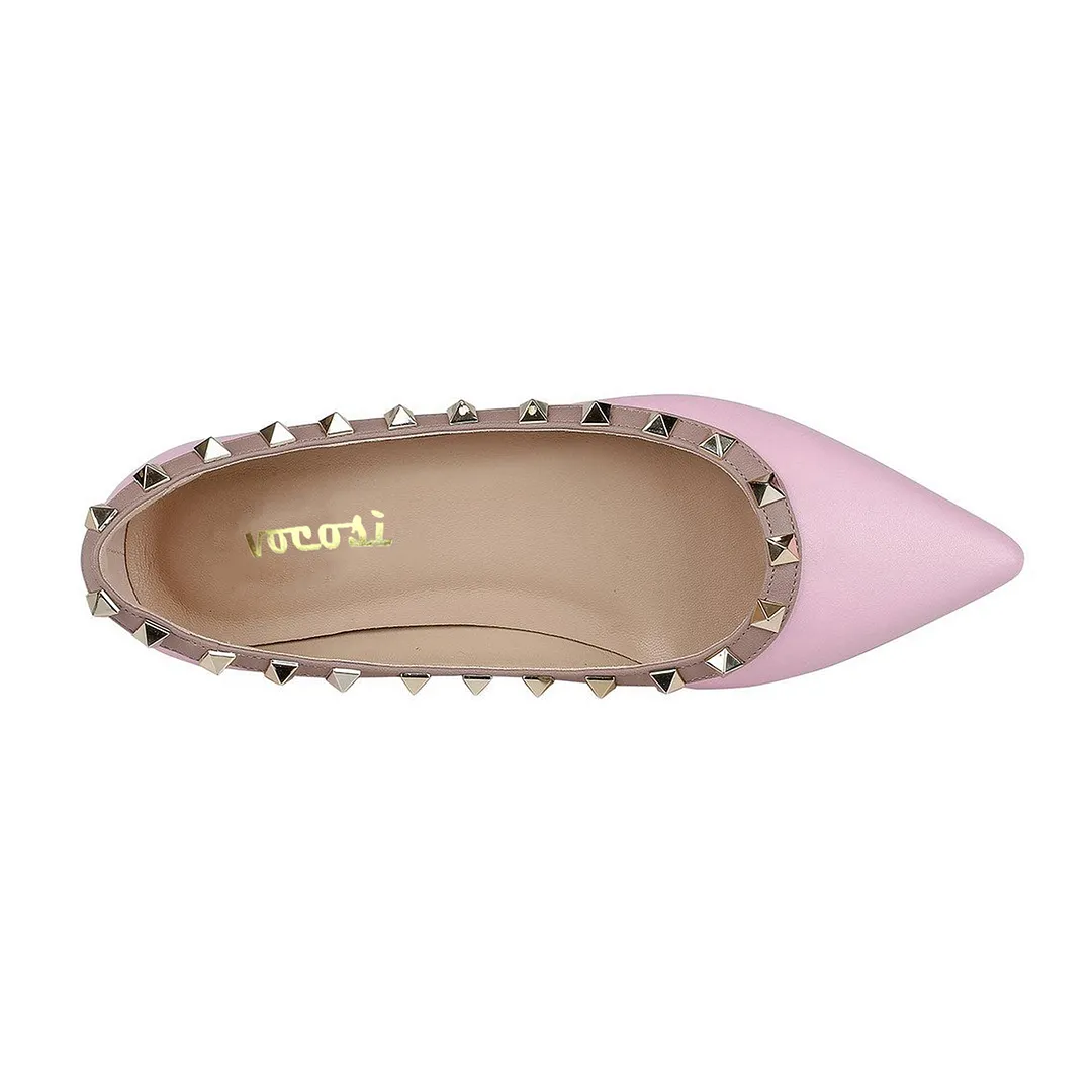 Pointed Toe Flats For Women Fashion Rivets Comfort Ballet Pink Matte Flats Shoes-vocosishoes