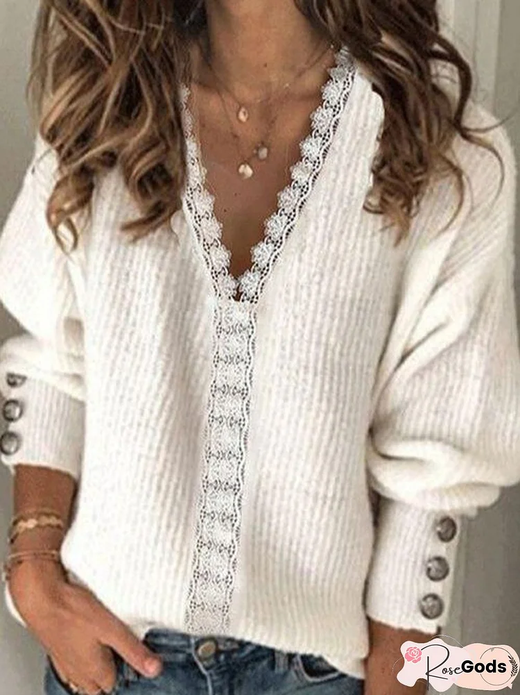 Solid Lace V-Neck Casual Sweaters