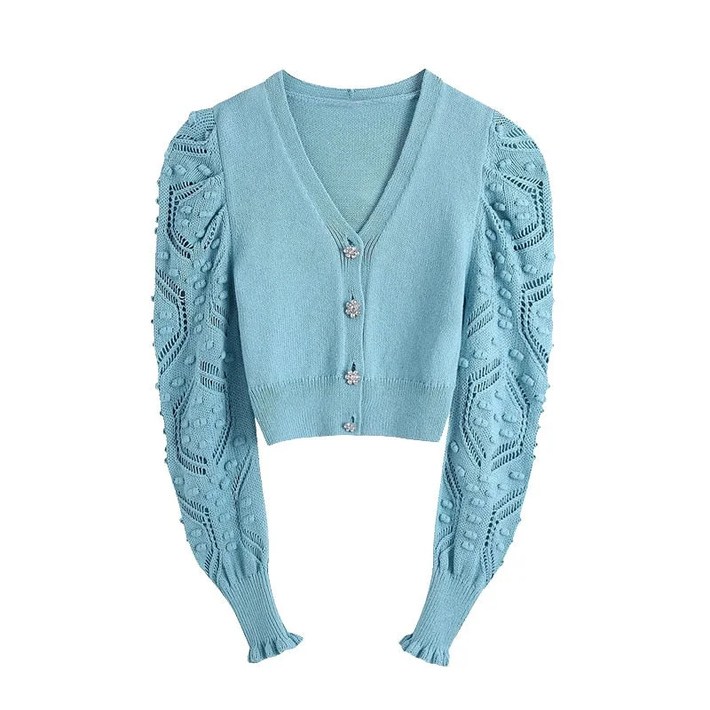 KPYTOMOA Women 2021 Fashion Gem Buttons Cropped Knitted Cardigan Sweater Vintage Long Sleeve Pompoms Female Outerwear Chic Tops