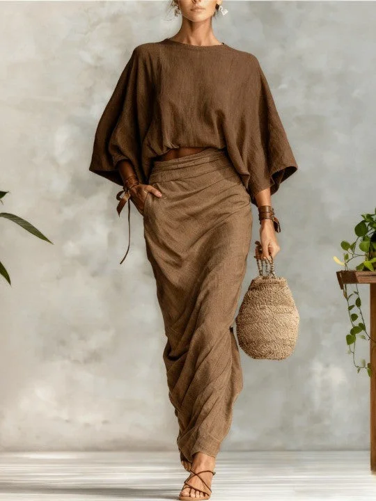 Round neck batwing sleeve top and long skirt set