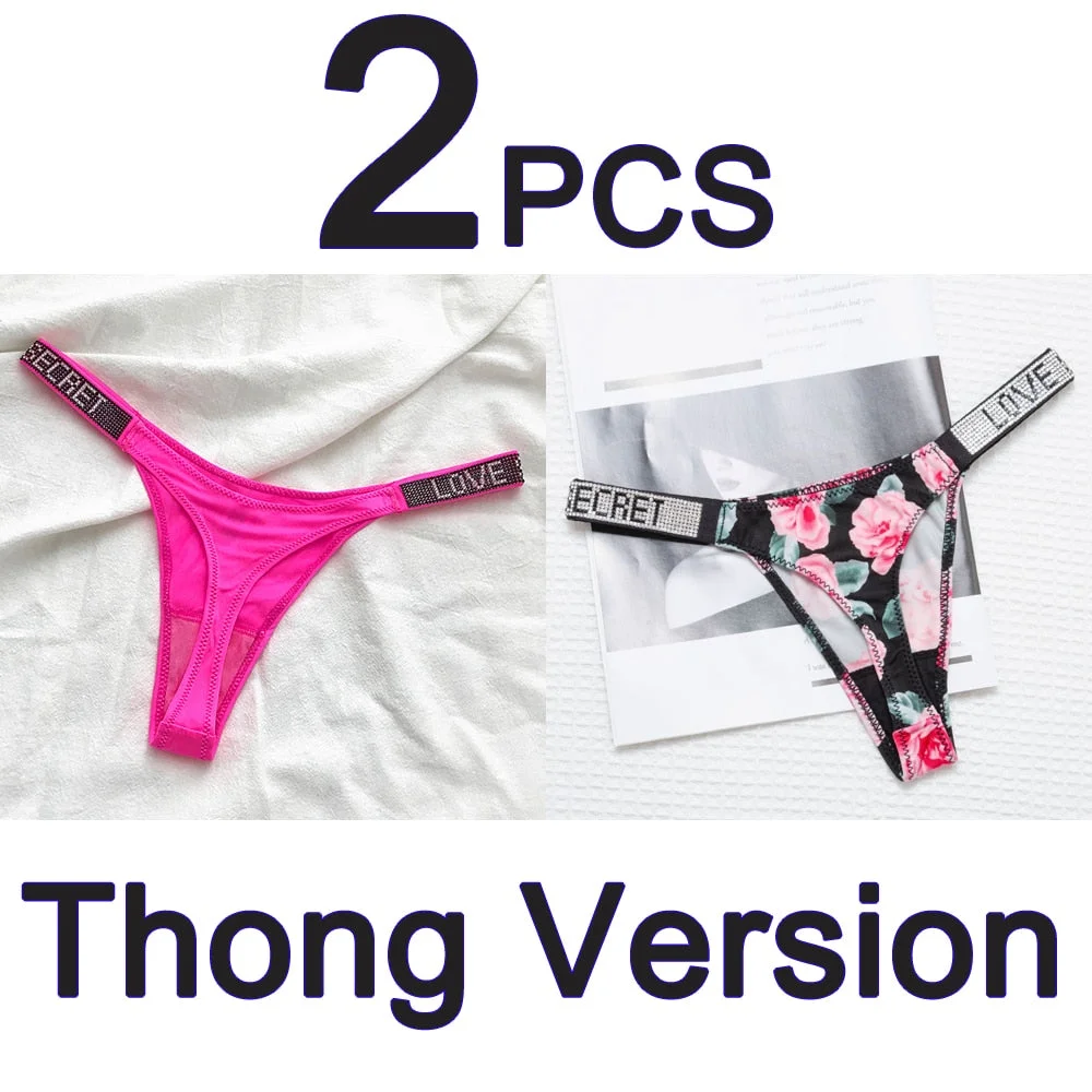 2PCS Sexy Low Waist Panties G String Comfort Satin Underwear Women Rhinestone High Fork Thong Seamless Intimates Lingerie Cotton
