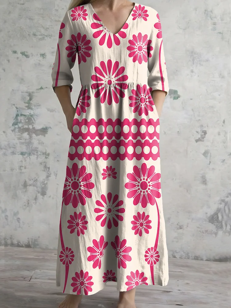 Women's V-neck Floral Print Cotton Dress