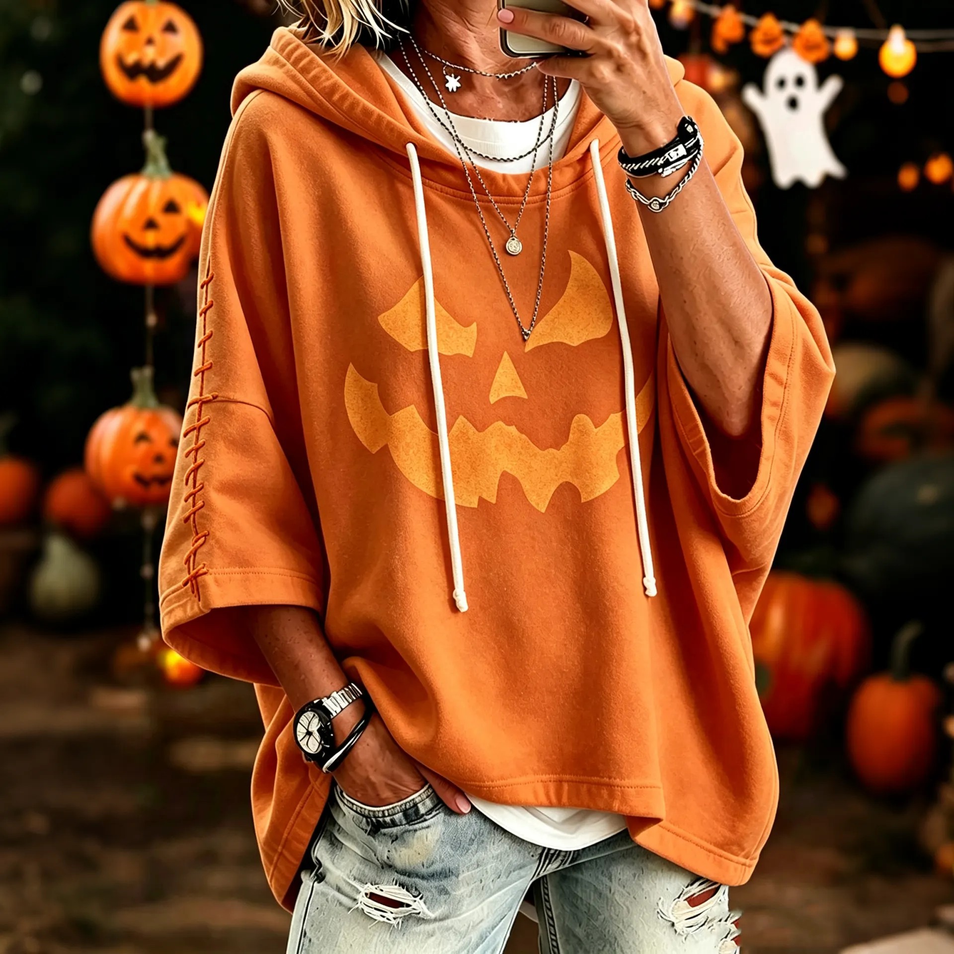 Comstylish Women's Retro Halloween Pumpkin Smiley Face Print Casual Hoodie