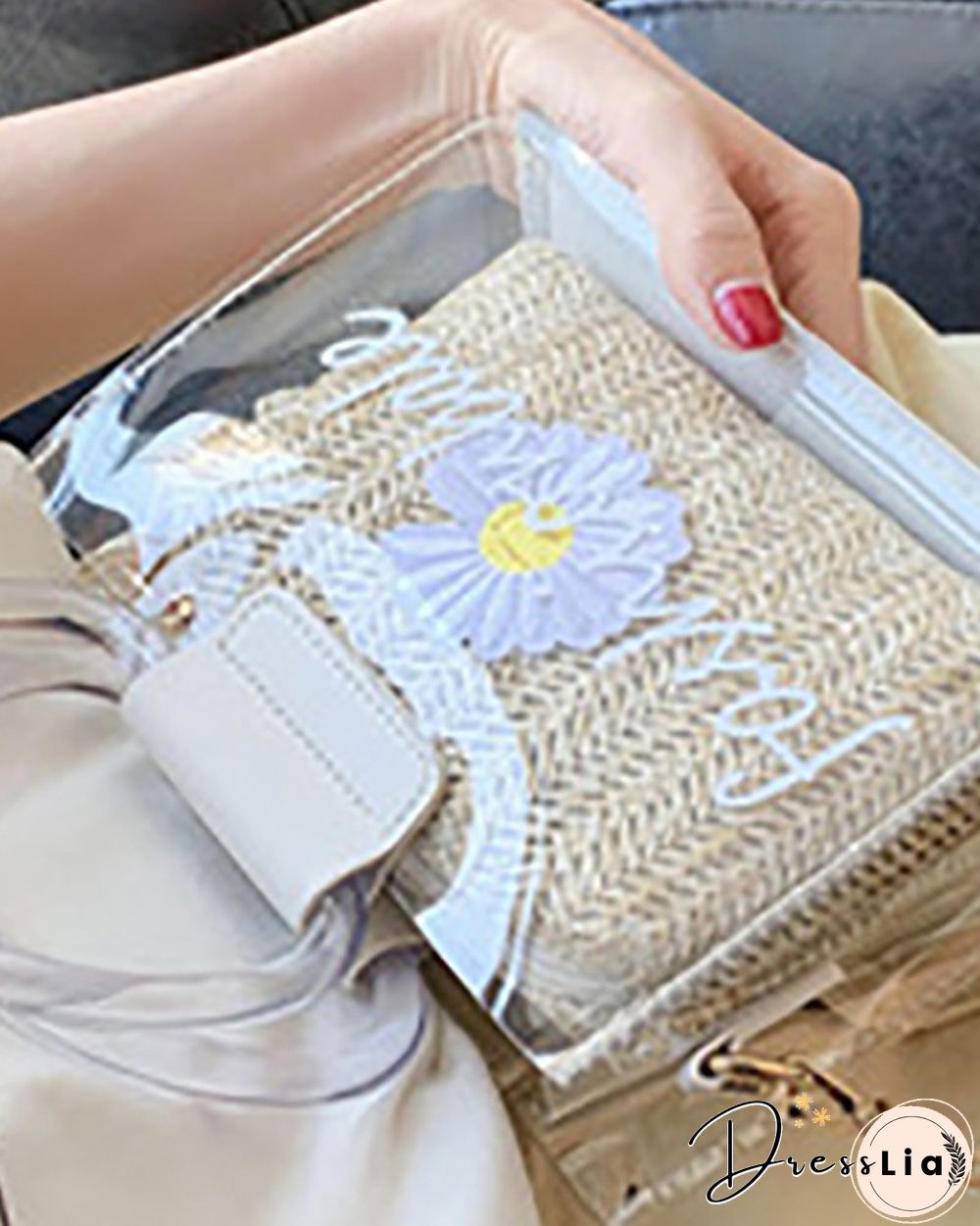 Clear Letter Print Floral Pattern Satchel Bag