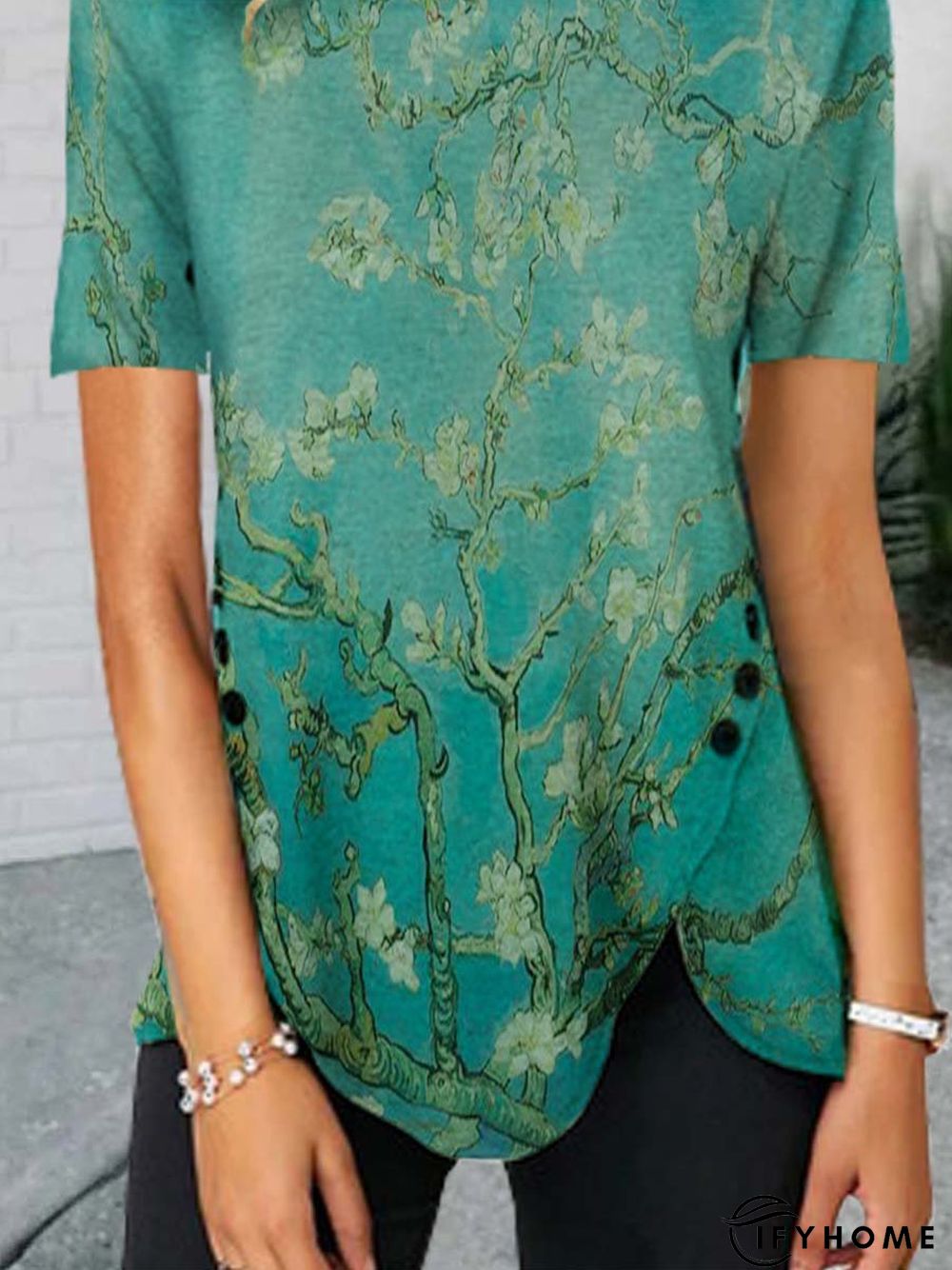 Floral-Print Polyester Cotton Short Sleeve T-shirt | IFYHOME