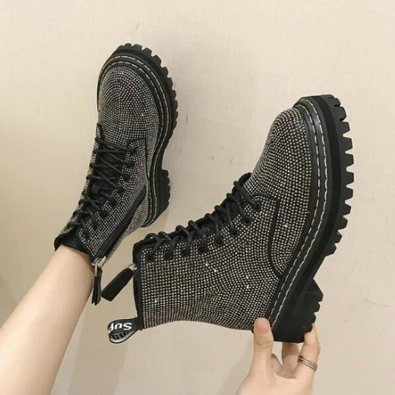 2020 Newest Winter Women Pumps Dress Martin Boots Platform Fashion Rhinestone Lace Up Round Toe Mid Heels Snow Botas Women Shoes