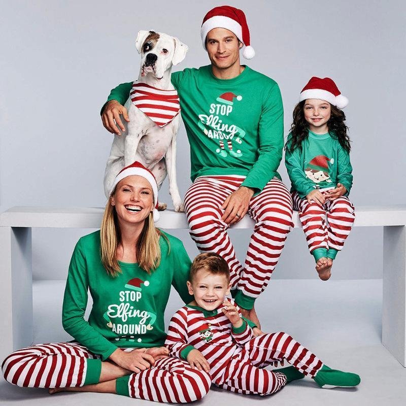 Christmas ELF Print Striped Family Matching Pajamas Set (with Pet Dog Clothes)