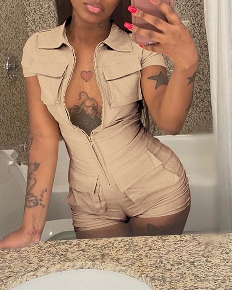 Solid Color Cargo Jumpsuit