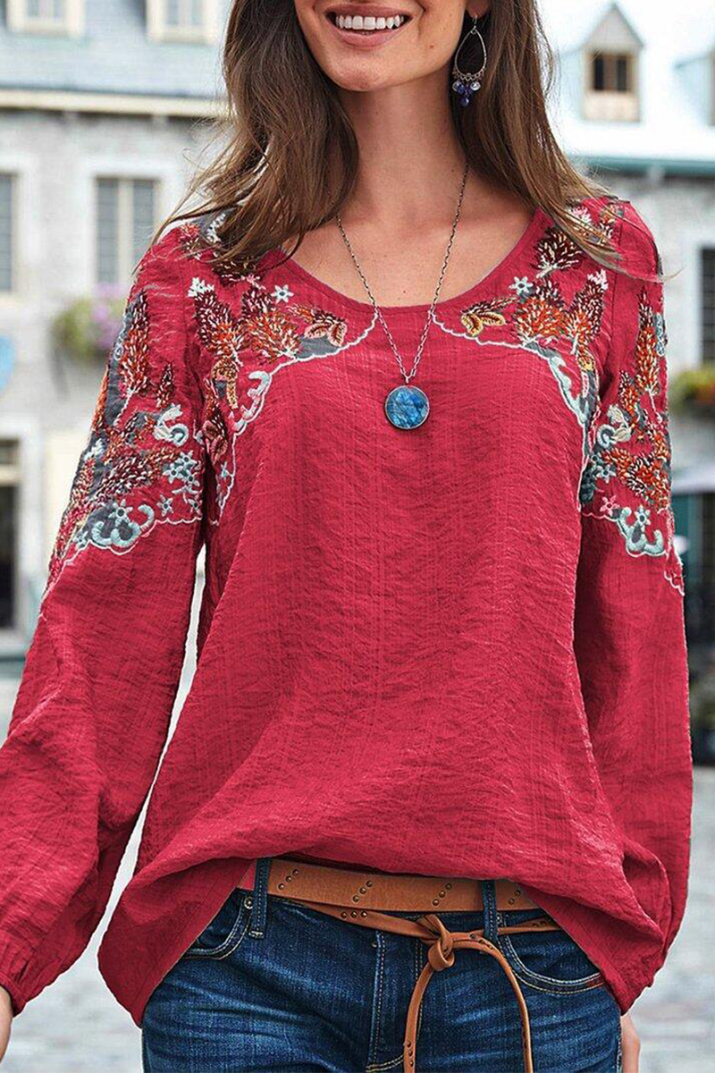 Casual Embroidery Basic O Neck Tops