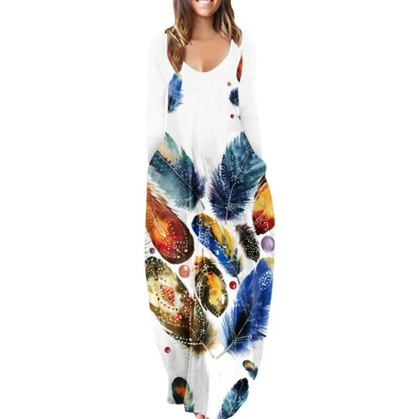 Womens Loose Pocket Boho Vintage Hole Dress Full Long Sleeper Spring Party Beach Maxi Big