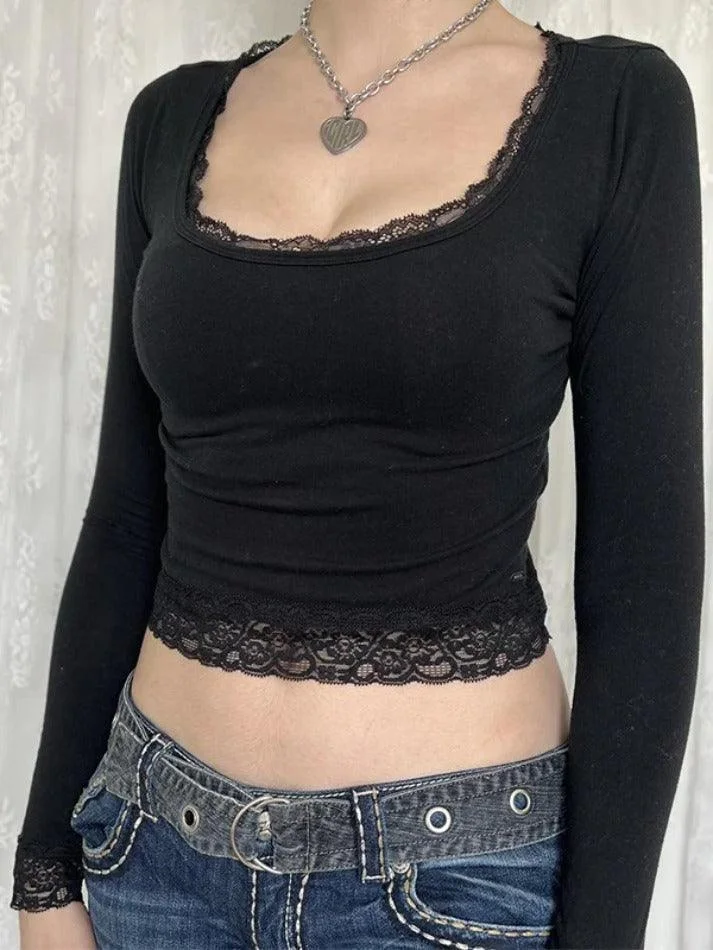 Toloer Lace Trim Splice Square Neck Crop Long Sleeve Tee-Outfit Ideas