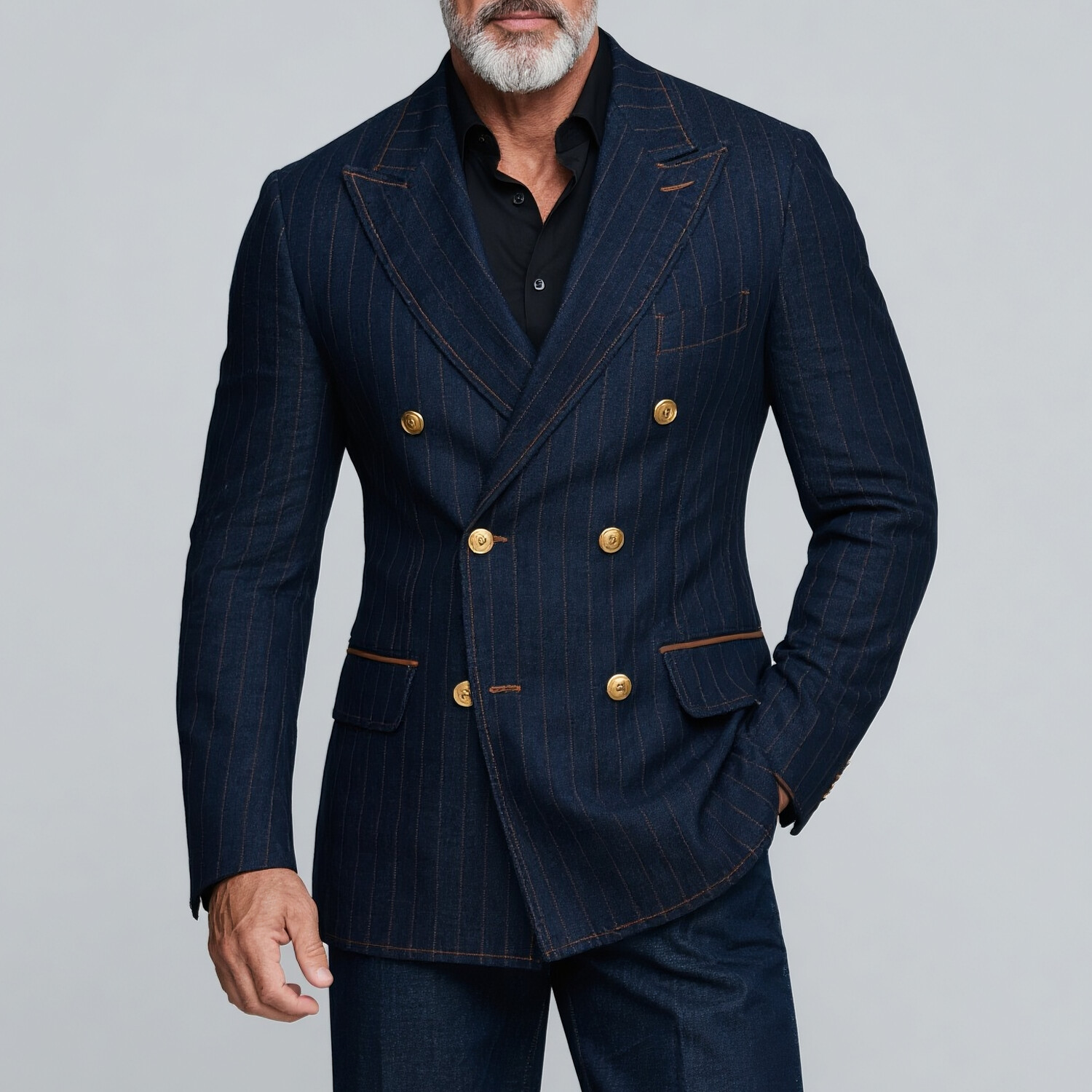 Men's Pinstriped Peaked Lapel Double Breasted Business Denim Blazer