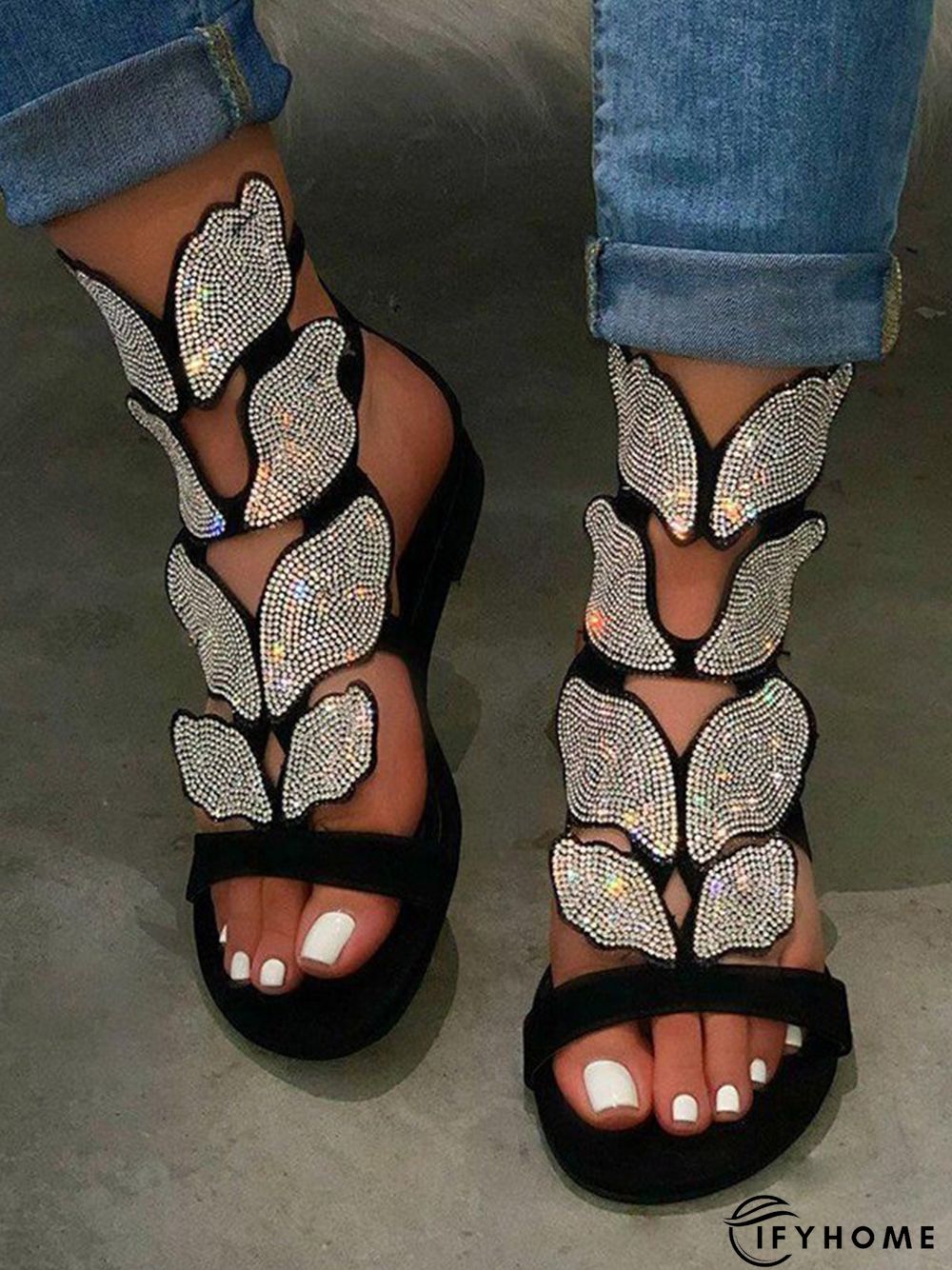 Buckle Open Toe Rhinestone Elastic Band Sandals | IFYHOME