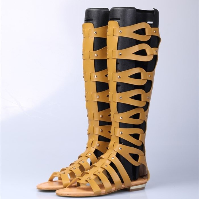 Alice Old man panel Yellow Knee-high Roman Sandals Vintage Flats Gladiator Sandals|FSJshoes