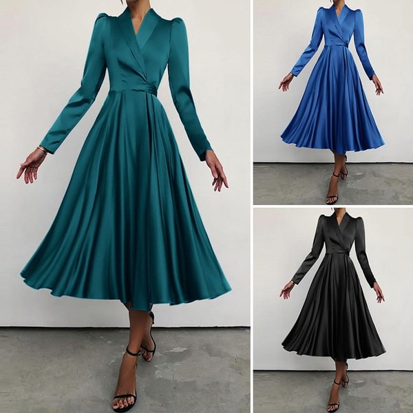 Ladies Stain Slik Casual Long Dress Women Puff Long Sleeved V Neck Party Loose Swing Dress Plus Size - Shop Trendy Women's Clothing | LoverChic