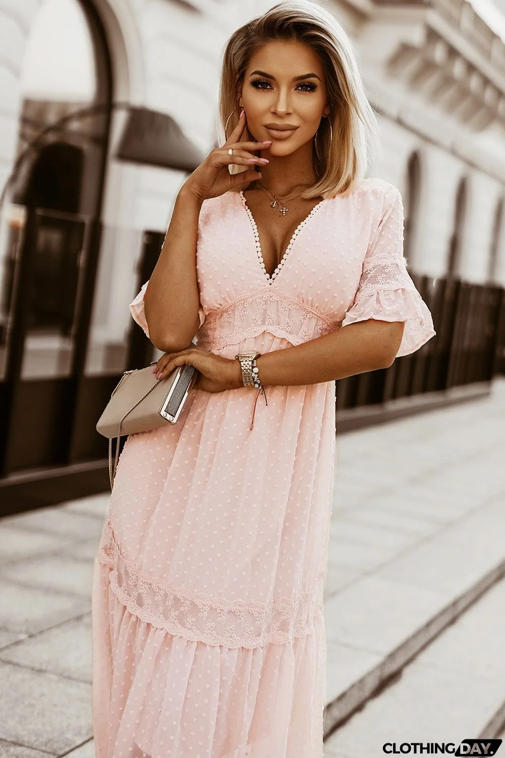 Pink Short Sleeve Boho Maxi Dress