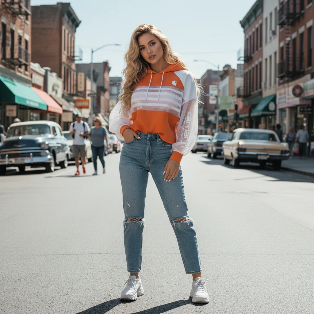 Women's Hoodie Orange White Color Block Mesh Patchwork Cropped Sweatshirt