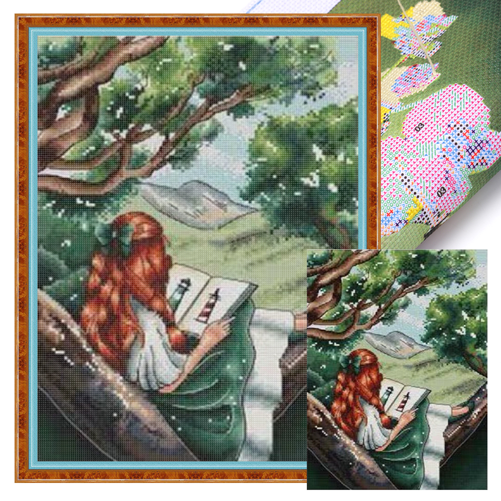 【Xiaobai Brand】Girl with back view-Girl reading on the book Full 14CT Pre-stamped Canvas(29*37cm) 69 Colors Cross Stitch