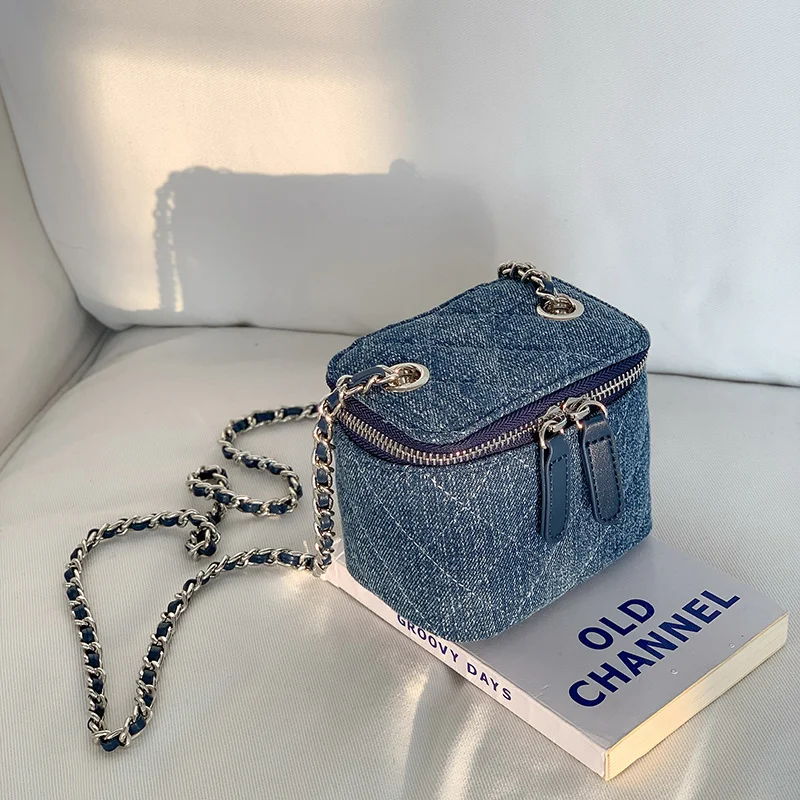 Mongw Mongw Casual Retro Mini Denim Bag Versatile Fashion Women's Small Fragrant Wind Diamond Case Chain Cross-Slung Box Bag