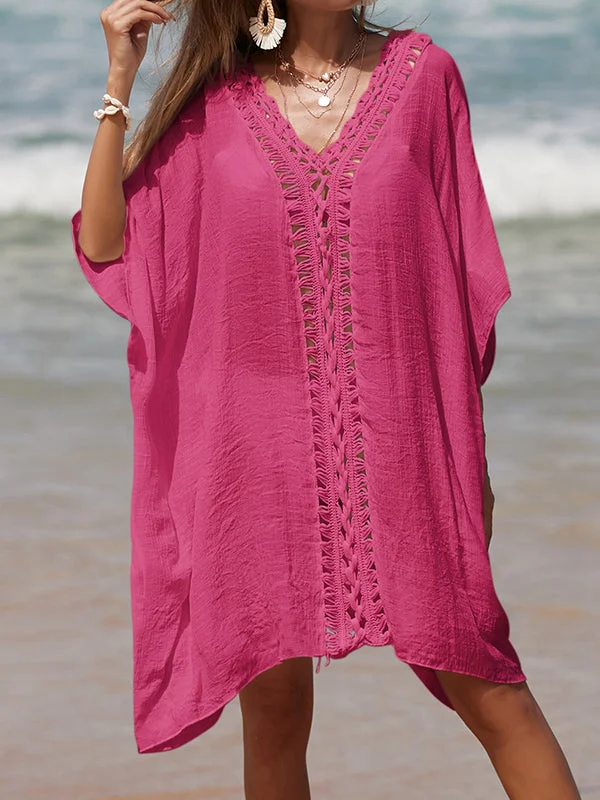 Women plus size clothing Women's 3/4 Sleeve V-neck Lace Hollow Beach Medium Style Smock-Nordswear