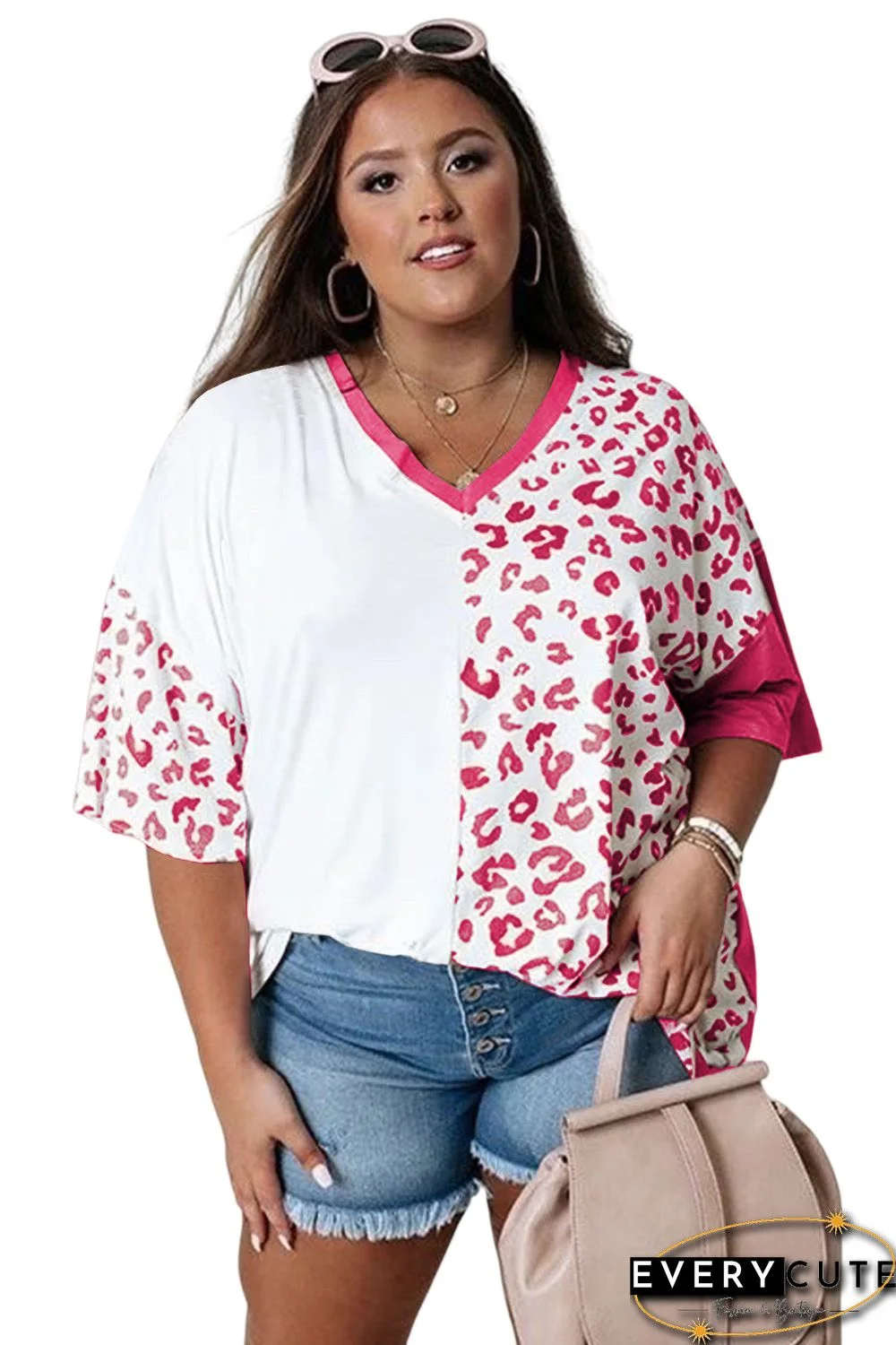 Rose Plus Size Leopard Patchwork Short Sleeve Top