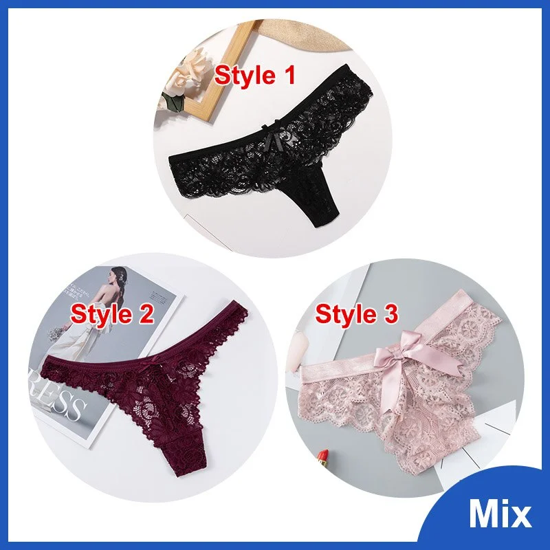 Sexy Lace String Transparent Panties Women Bow Thong Low Waist Underwear Female Fashion Hollow Out 3 Styles Mix G String