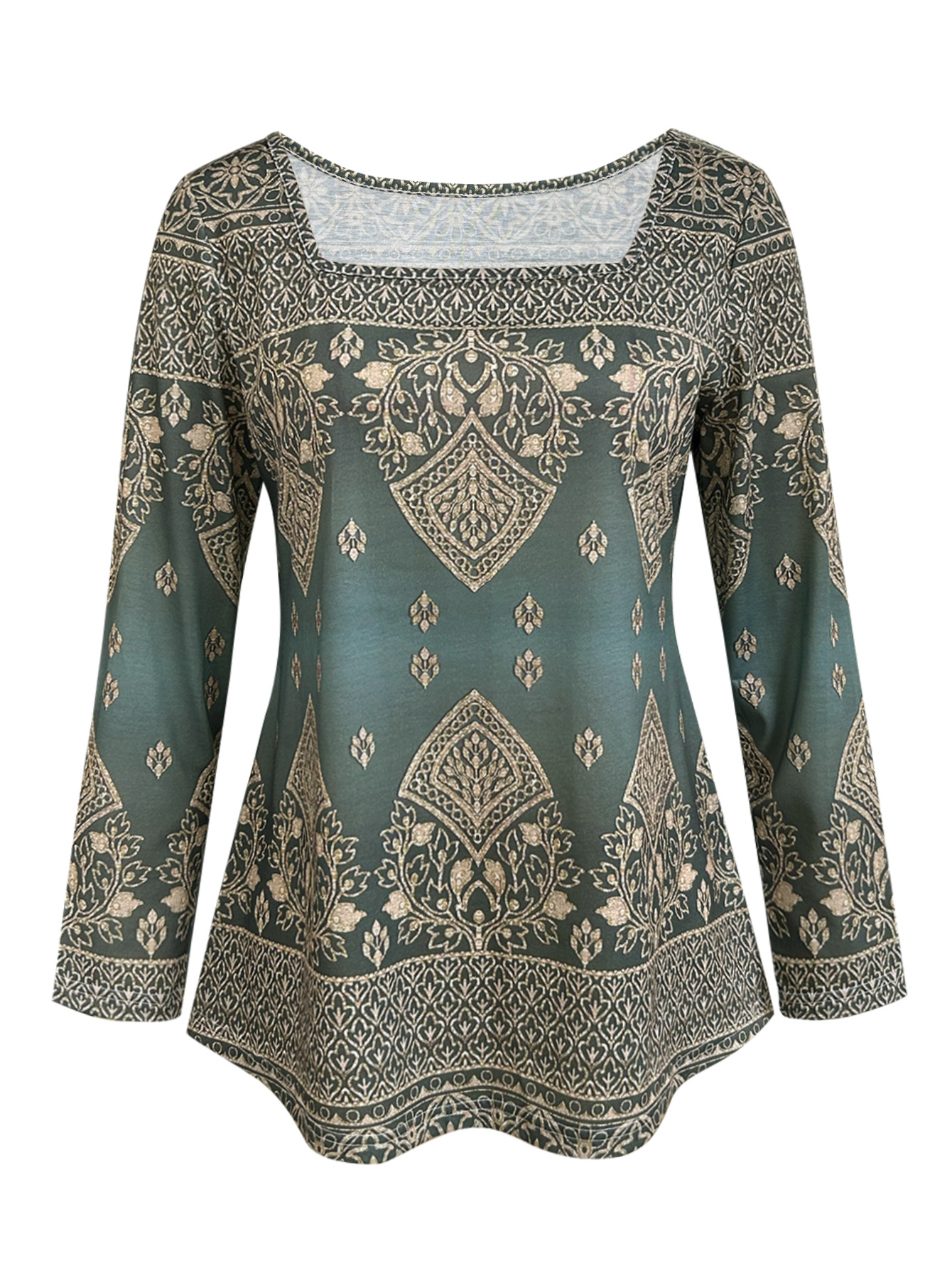 Women's Turquoise Green Bohemian Print Long Sleeve T-Shirt - Ethnic Indian/Mediterranean Style Square Neck Blouse, Winter Warmth Casual & Vacation Wear, Olive-Green Retro Top (Machine Washable) for Resort Outfits, Runners, Pull For Women Elegant Classy
