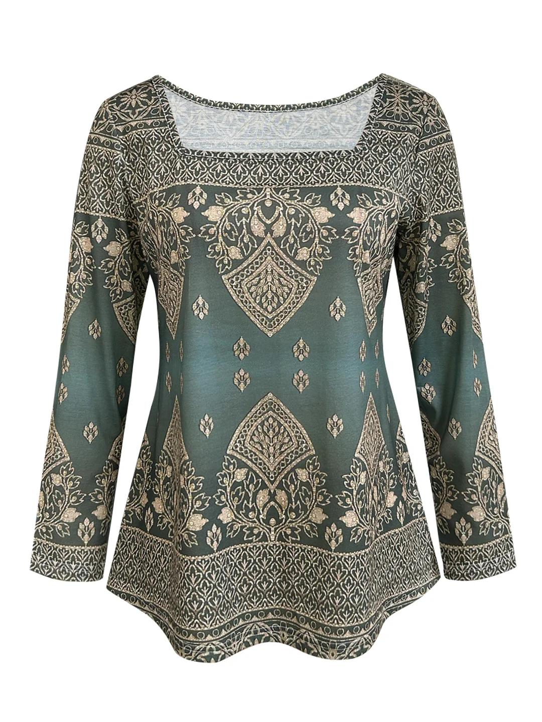 Women's Turquoise Green Bohemian Print Long Sleeve T-Shirt - Ethnic Indian/Mediterranean Style Square Neck Blouse, Winter Warmth Casual & Vacation Wear, Olive-Green Retro Top (Machine Washable) for Resort Outfits, Runners, Pull For Women Elegant Classy