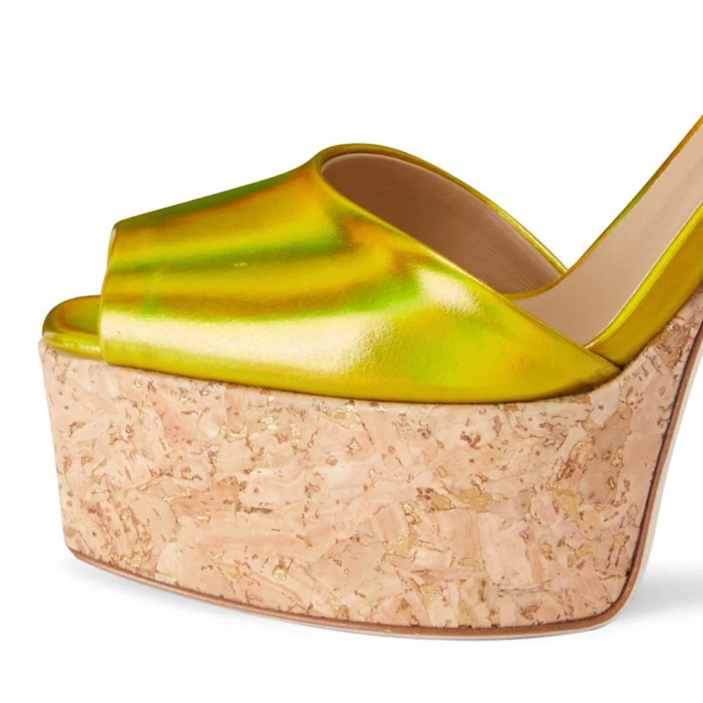 Yellow Laminated Peep Toe Ankle Strap Women's Sandals with Platform